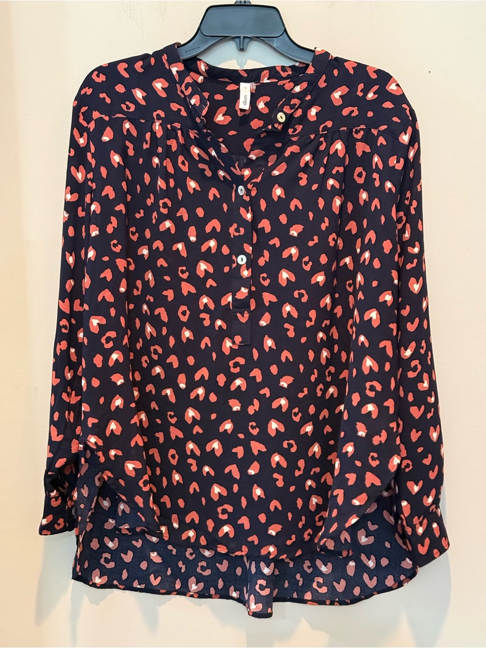 glam Navy Button-Down Leopard Print Blouse with Orange Spots